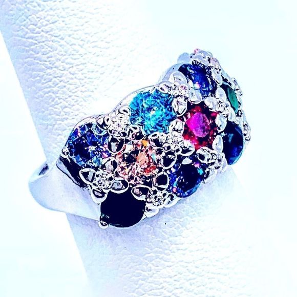 NEW! COLORFUL RAINBOW 🌈 FLORAL AUSTRIAN CRYSTAL S925 ADJUSTABLE RING! - Picture 7 of 13